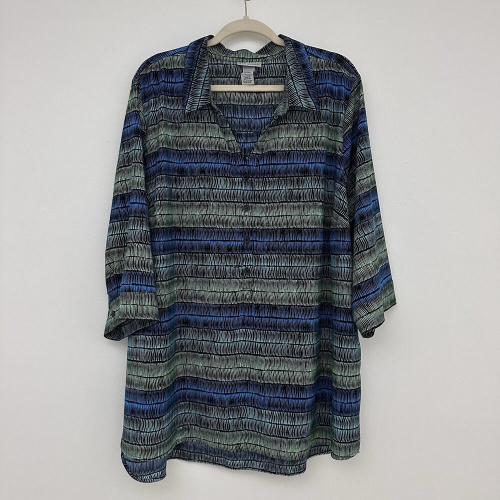 Catherines Womens 2X 22/24W Semi Sheer Popover Blouse Tunic Blue Green Print